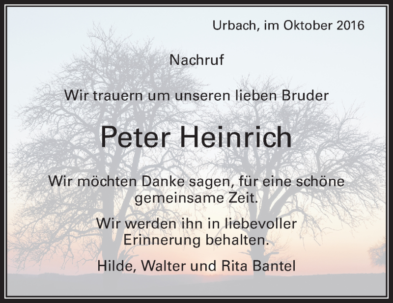 Traueranzeigen Von Peter Heinrich ZVW Trauer