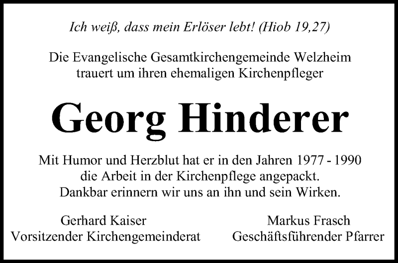 Traueranzeigen Von Georg Hinderer ZVW Trauer