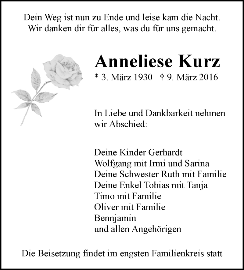 Traueranzeigen Von Anneliese Kurz Zvw Trauer