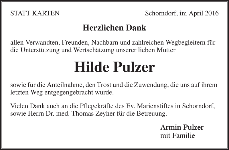 Traueranzeigen Von Hilde Pulzer Zvw Trauer