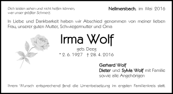 Traueranzeige von Irma Wolf von Waiblinger Kreiszeitung