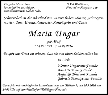 Traueranzeige von Maria Ungar von Waiblinger Kreiszeitung