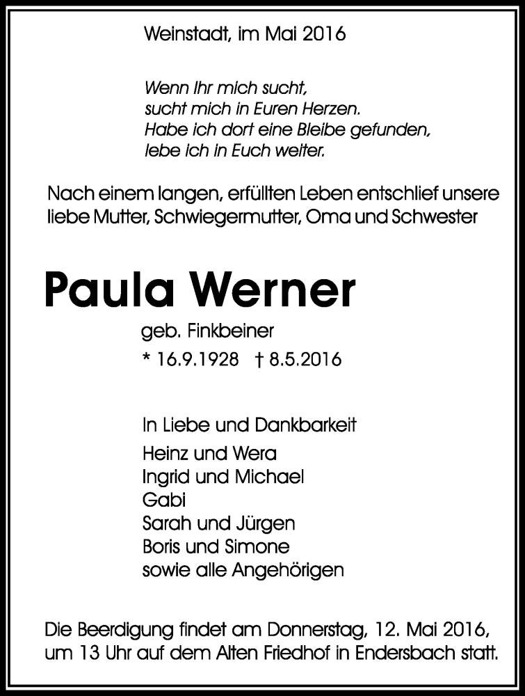 Traueranzeigen Von Paula Werner ZVW Trauer