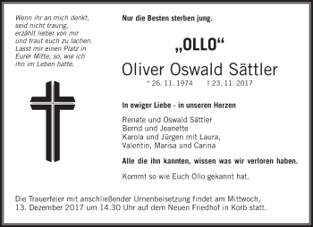 Traueranzeigen von Oliver Oswald Sättler ZVW Trauer