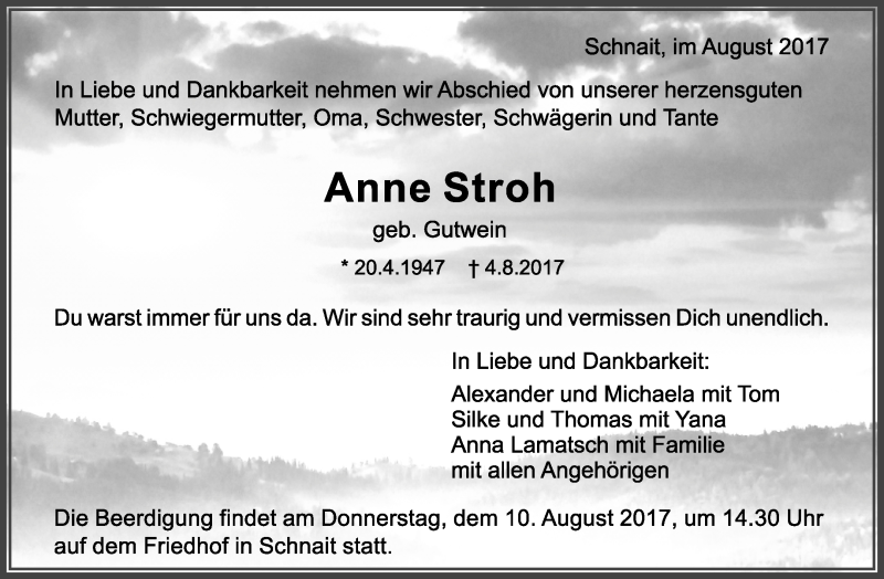 Traueranzeigen Von Anne Stroh Zvw Trauer