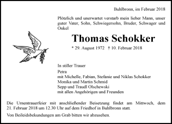 Traueranzeigen Von Thomas Schokker Zvw Trauer