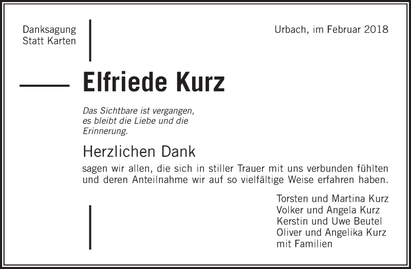 Traueranzeigen Von Elfriede Kurz Zvw Trauer