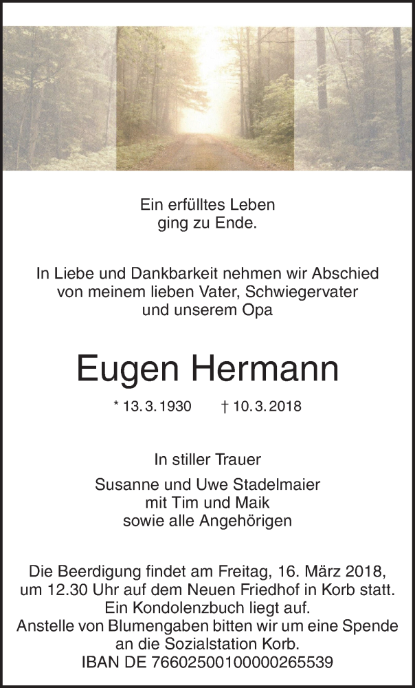 Traueranzeigen Von Eugen Hermann ZVW Trauer