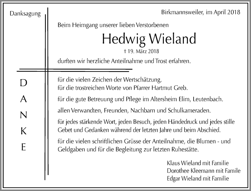 Traueranzeigen Von Hedwig Wieland ZVW Trauer