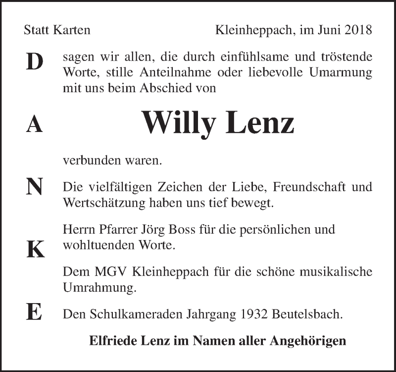 Traueranzeigen Von Willy Lenz ZVW Trauer