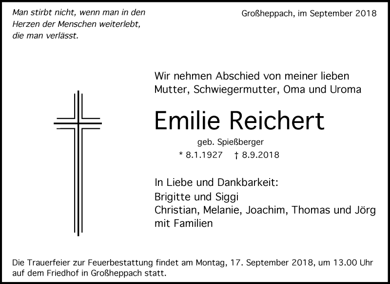 Traueranzeigen Von Emilie Reichert Zvw Trauer