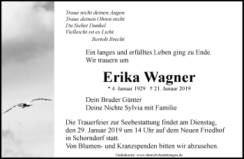 Traueranzeigen Von Erika Wagner ZVW Trauer