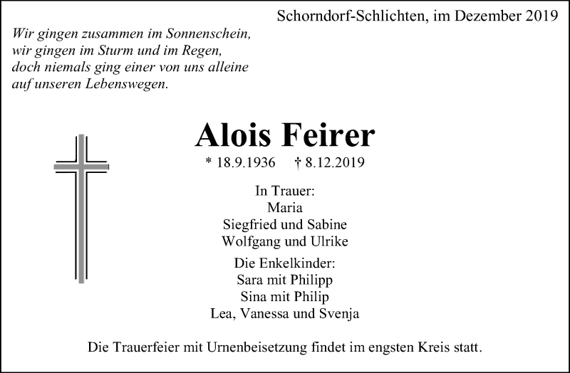 Traueranzeigen Von Alois Feirer ZVW Trauer