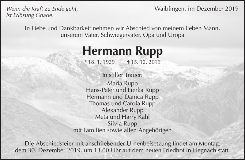 Traueranzeigen Von Hermann Rupp Zvw Trauer