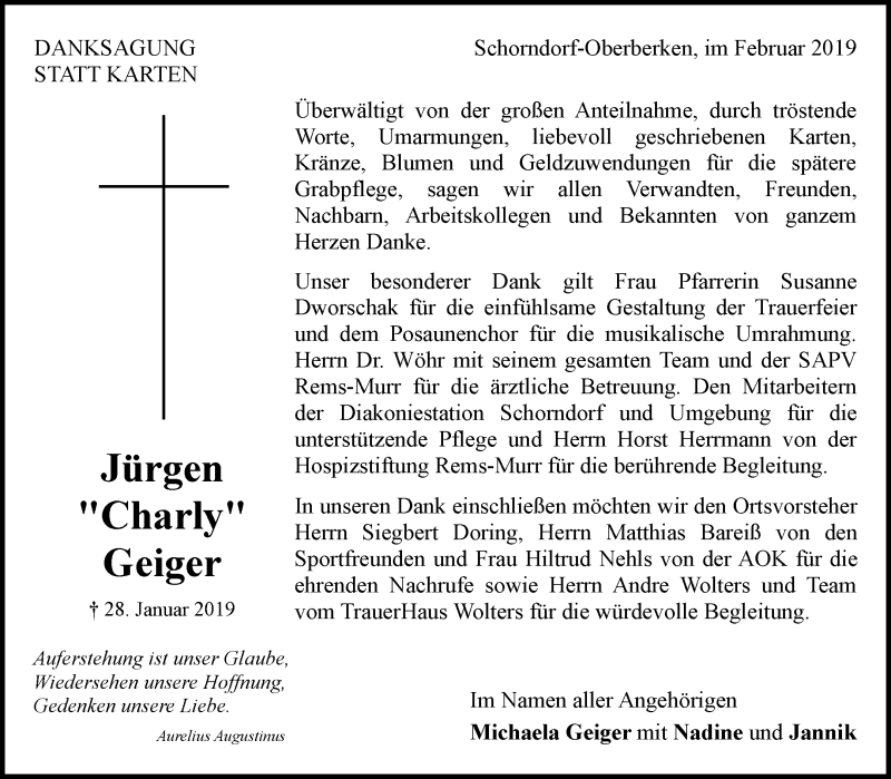 Traueranzeigen Von J Rgen Geiger Zvw Trauer