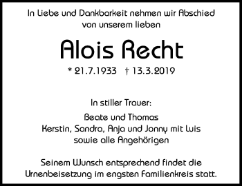 Traueranzeigen Von Alois Recht Zvw Trauer