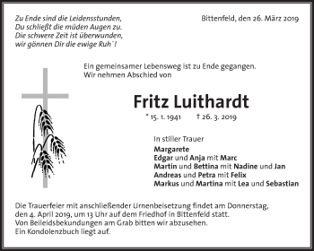 Traueranzeigen Von Fritz Luithardt Zvw Trauer