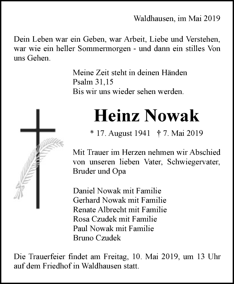 Traueranzeigen Von Heinz Nowak Zvw Trauer