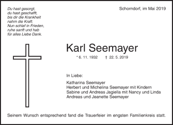 Traueranzeigen Von Karl Seemayer Zvw Trauer