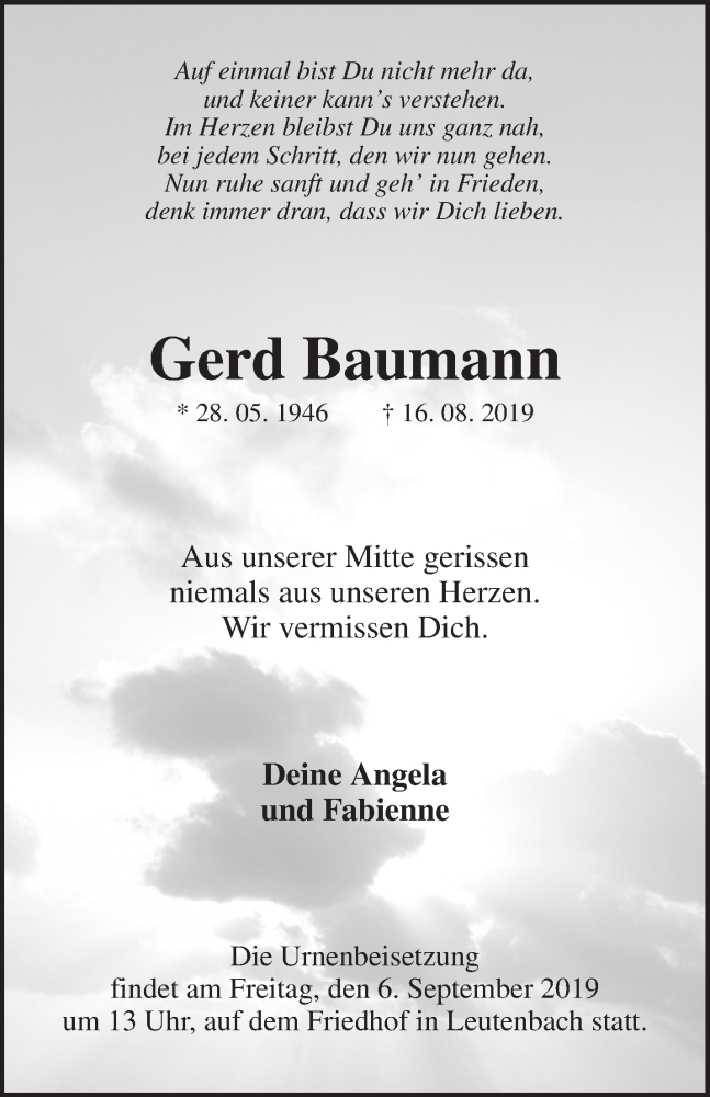 Traueranzeigen Von Gerd Baumann ZVW Trauer