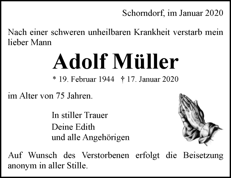 Traueranzeigen Von Adolf M Ller Zvw Trauer