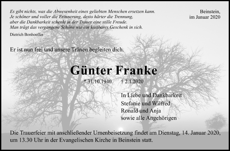 Traueranzeigen von Günter Franke ZVW Trauer