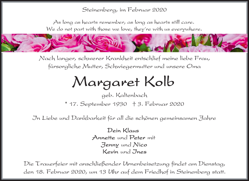 Traueranzeigen Von Margret Kolb Zvw Trauer