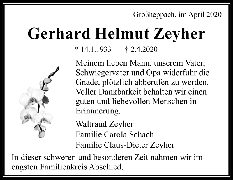 Traueranzeigen Von Gerhard Helmut Zeyher Zvw Trauer