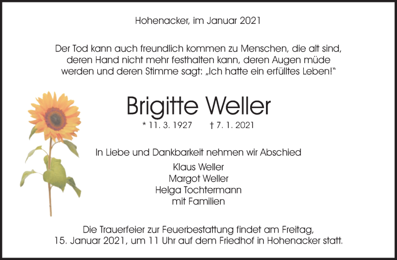 Traueranzeigen Von Brigitte Weller Zvw Trauer