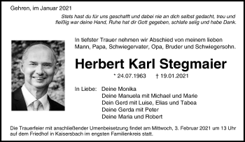 Traueranzeigen Von Herbert Karl Stegmaier Zvw Trauer