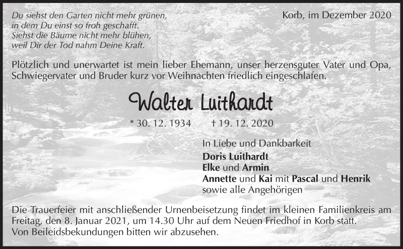 Traueranzeigen Von Walter Luithardt ZVW Trauer