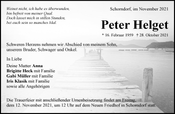 Traueranzeigen Von Peter Helget ZVW Trauer