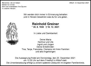 Traueranzeigen Von Reinhold Greiner Zvw Trauer