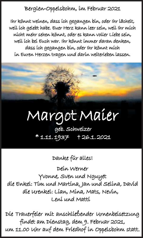 Traueranzeigen Von Margot Schweizer Maier ZVW Trauer