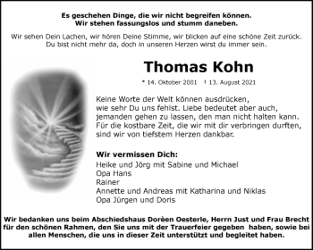 Traueranzeigen Von Thomas Kohn Zvw Trauer