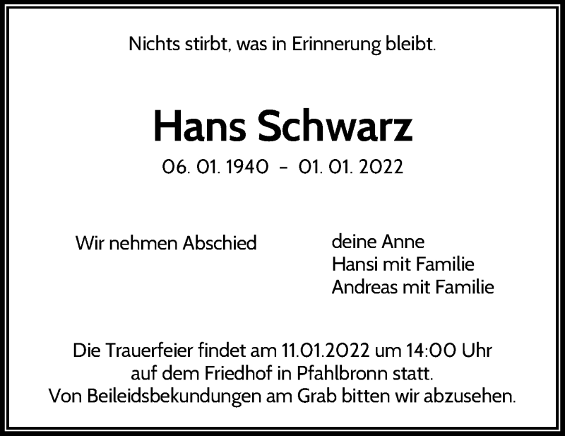 Traueranzeigen Von Hans Schwarz Zvw Trauer