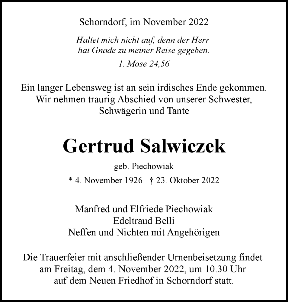 Traueranzeigen Von Gertrud Salwiczek Zvw Trauer