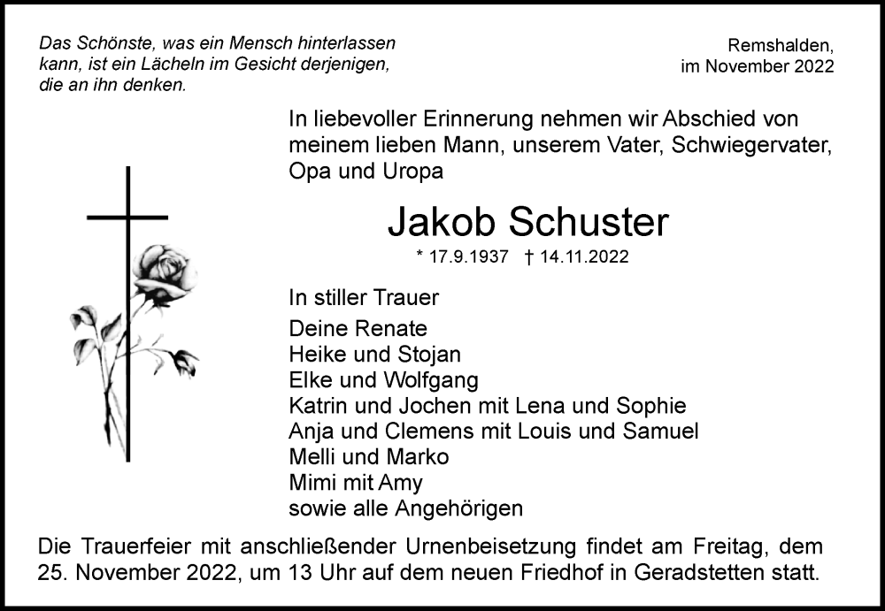 Traueranzeigen Von Jakob Schuster Zvw Trauer