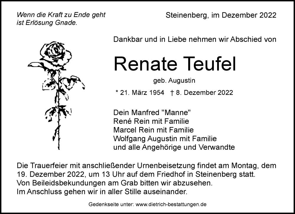 Traueranzeigen Von Renate Teufel Zvw Trauer