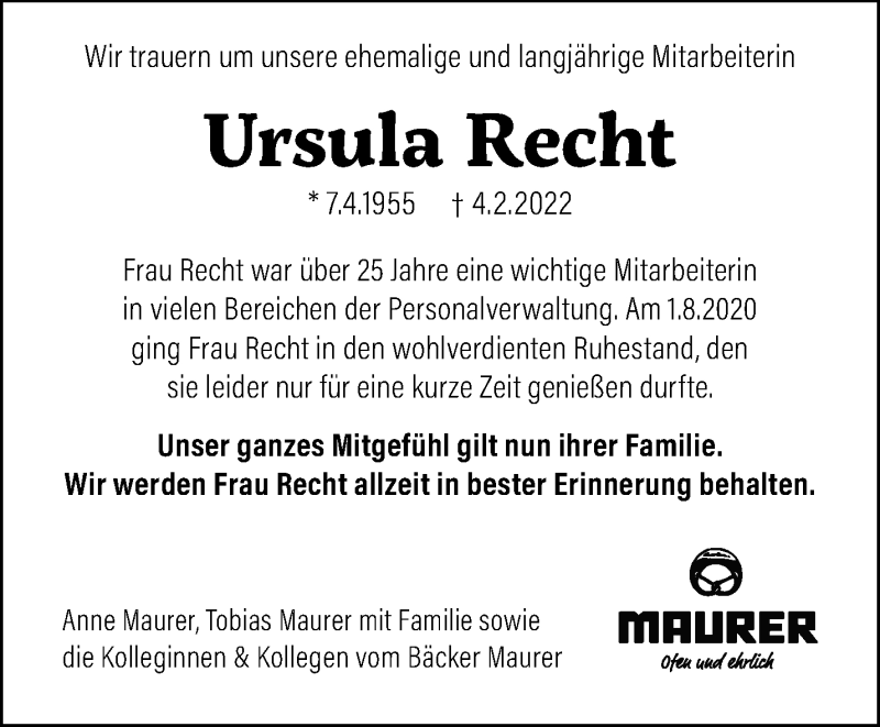 Traueranzeigen Von Ursula Recht Zvw Trauer