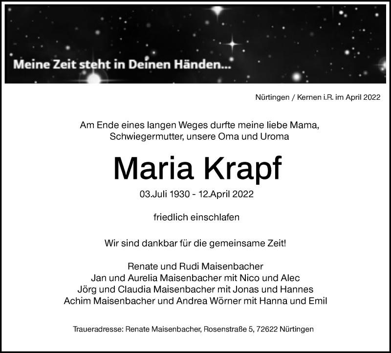 Traueranzeigen Von Maria Krapf ZVW Trauer