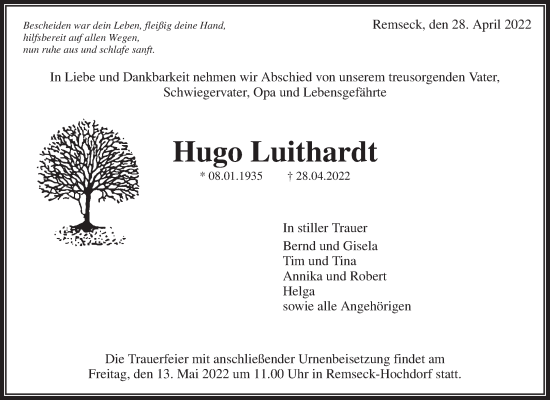 Traueranzeigen Von Hugo Luithardt Zvw Trauer