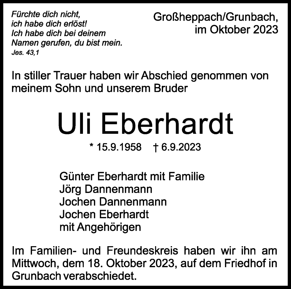 Traueranzeigen Von Uli Eberhardt ZVW Trauer