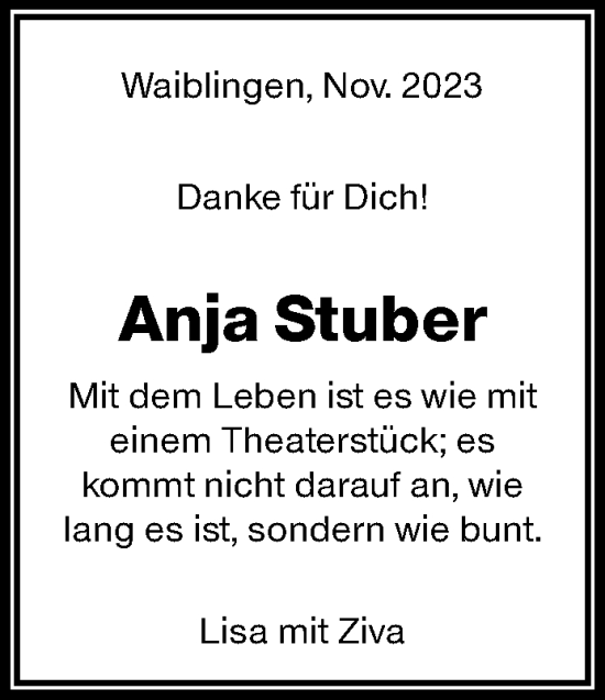 Traueranzeigen Von Anja Stuber ZVW Trauer