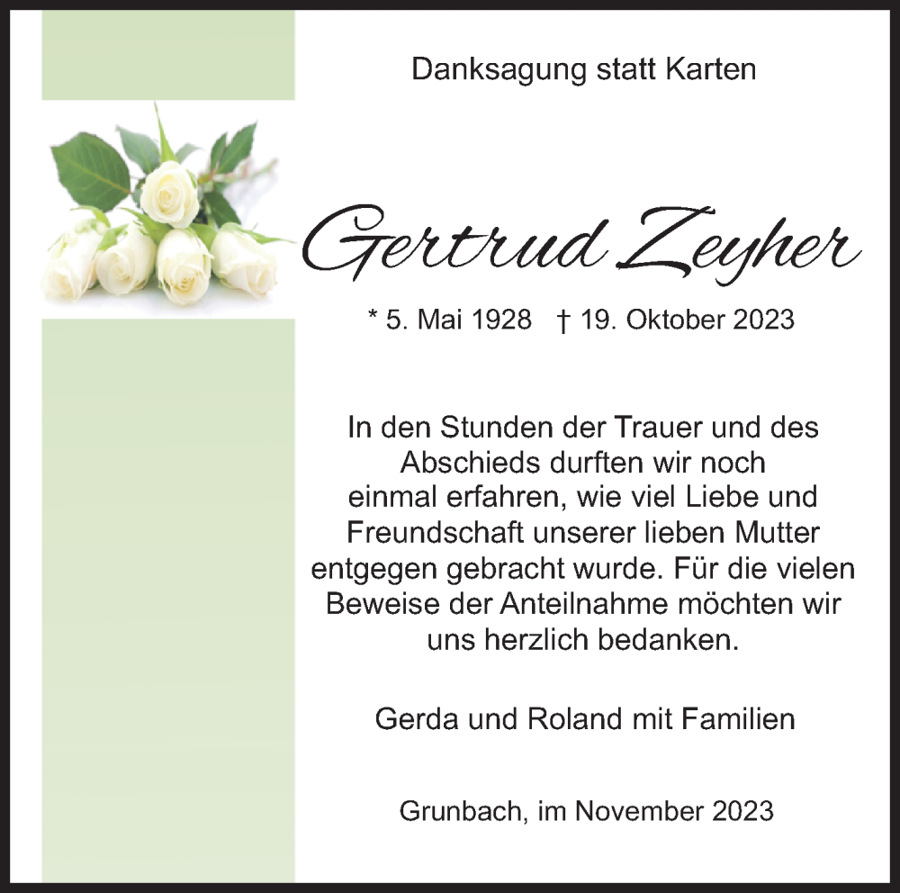 Traueranzeigen Von Gertrud Zeyher ZVW Trauer