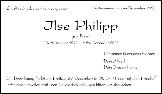 Traueranzeigen Von Ilse Philipp Zvw Trauer