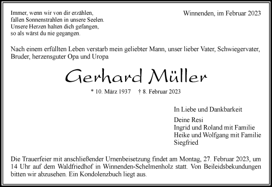 Traueranzeigen von Gerhard Müller ZVW Trauer