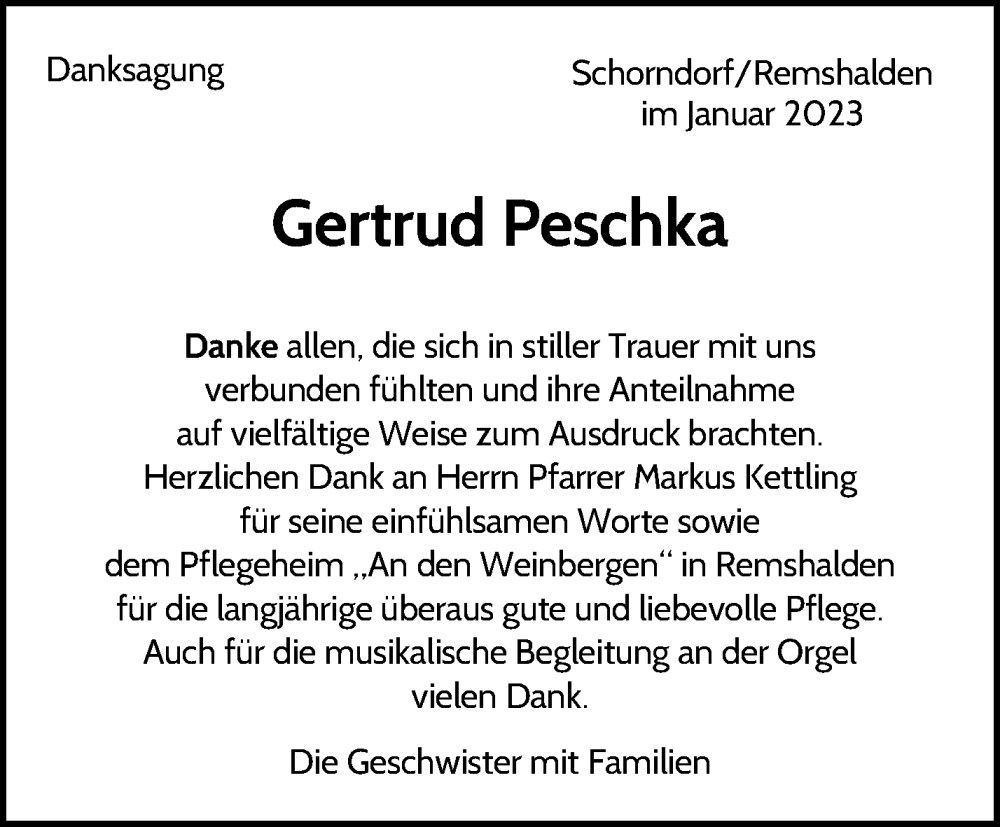 Traueranzeigen Von Gertrud Peschka Zvw Trauer