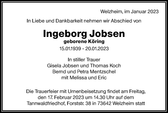 Traueranzeigen Von Ingeborg Jobsen ZVW Trauer