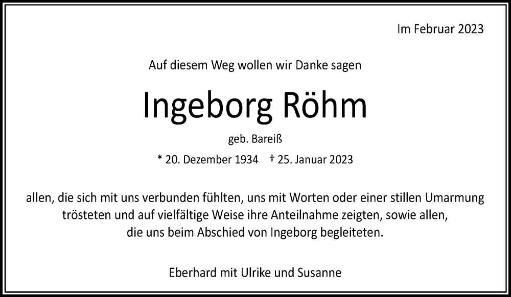 Traueranzeigen von Ingeborg Röhm ZVW Trauer